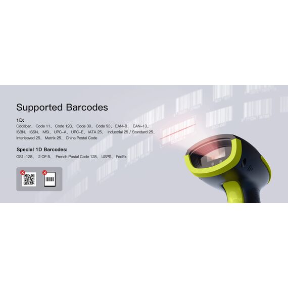 Green and black Inateck BCST-21-AI 1D laser barcode scanner, manufacturer product view and supported-barcode illustration