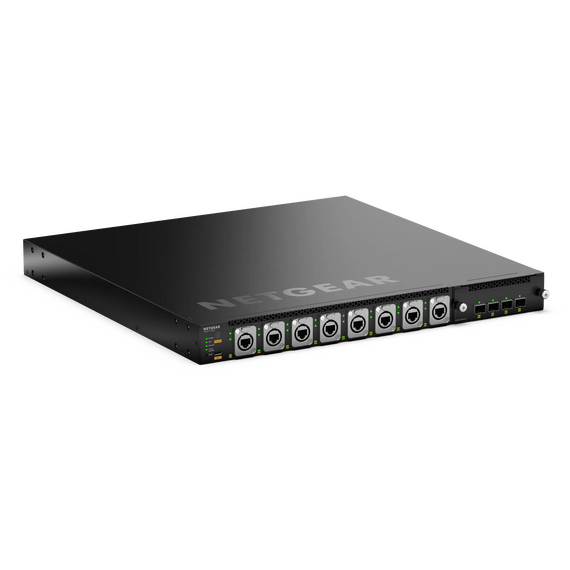 Black NETGEAR M4350-16M4V MSM4320 with supplied APM414V, front etherCON and SFP28 ports and rear RJ45 and dual powerCON views