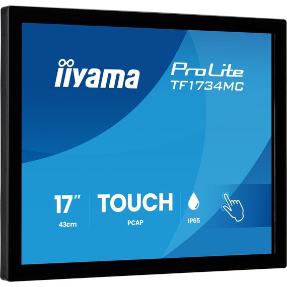 Black iiyama ProLite TF1734MC-B8X 17-inch open-frame touchscreen, angled front and rear VESA views without optional brackets