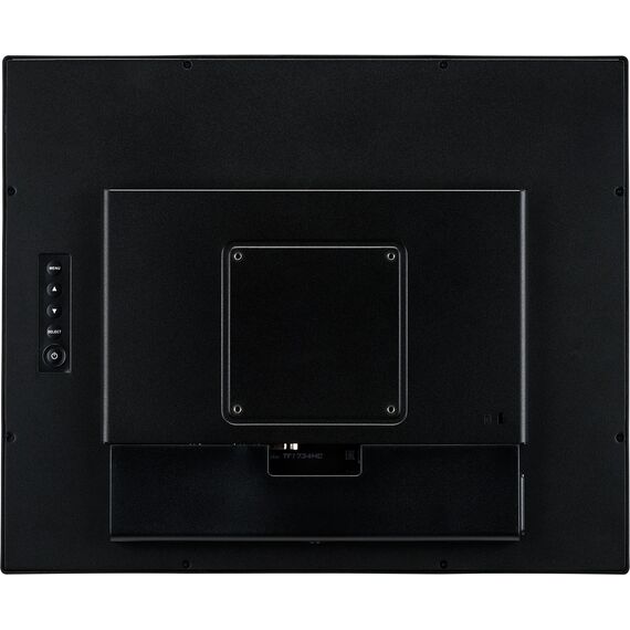 Black iiyama ProLite TF1734MC-B8X 17-inch open-frame touchscreen, angled front and rear VESA views without optional brackets