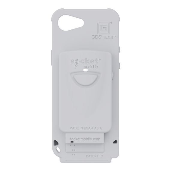 Six Socket Mobile DS840 Cloud iPhone16e scanner sleds in a black six-bay charger, plus rear detail of one sled; phones not included