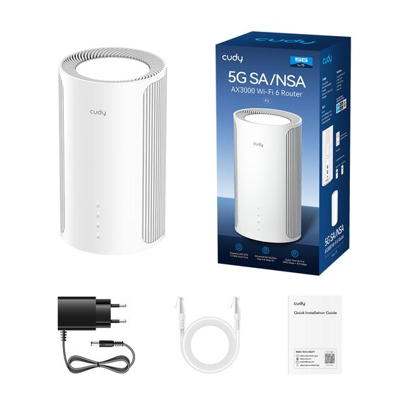 White Cudy P2 EU 5G Wi-Fi 6 router, rear connections and package contents