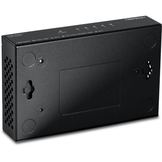 Black TRENDnet TEG-S351 five-port2.5G unmanaged switch, main rear ports and underside wall-mount views