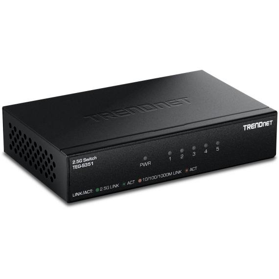 Black TRENDnet TEG-S351 five-port2.5G unmanaged switch, main rear ports and underside wall-mount views