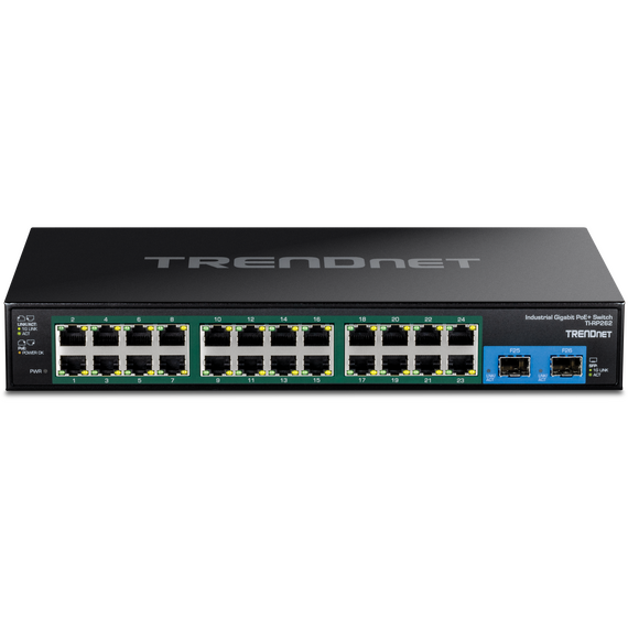 Black TRENDnet TI-RP262 industrial switch, angled and front24RJ45 plus2SFP ports and rearDC terminal views