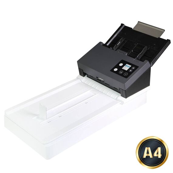 Avision AD3100F document scanner with dark ADF housing, physical controls and white Legal flatbed base, official manufacturer image