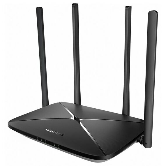 Black Mercusys MB115-4G EU N300 LTE router with four external antennas and rear Nano SIM and Ethernet connections