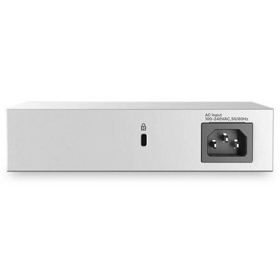 Zyxel GS1100-16 current Unmanaged Plus official rear view with internal 100–240 V AC IEC input and security slot