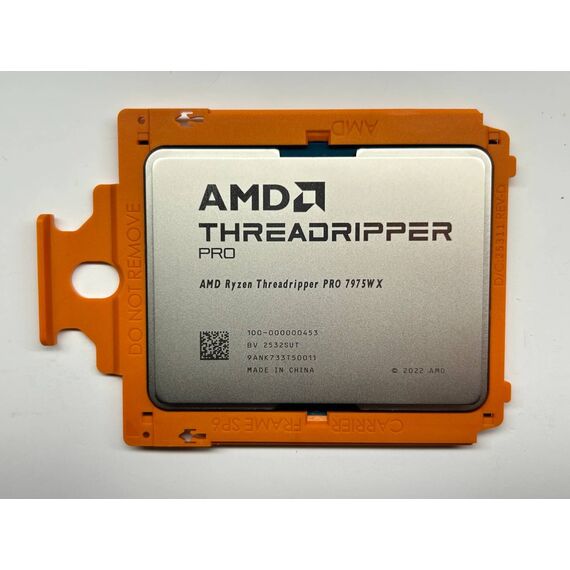 AMD Ryzen Threadripper PRO 7975WX tray processor, exact 100-000000453 engraving, retailer reference photo in orange carrier; individual markings may vary