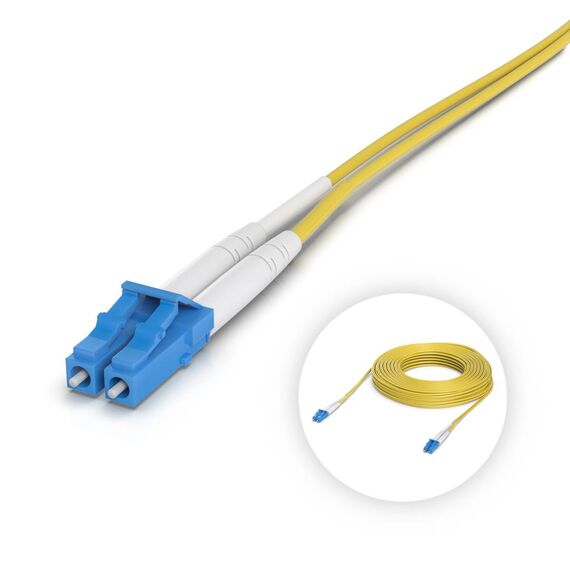Ubiquiti OS2 duplex LC UPC cable connector close-up, with the same complete cable shown in the inset