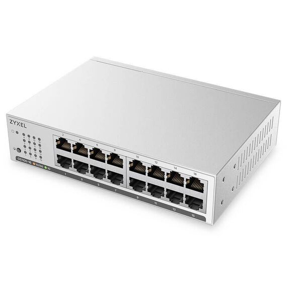 Zyxel GS1100-16 current Unmanaged Plus official silver compact switch front angle with sixteen stacked Gigabit RJ45 ports