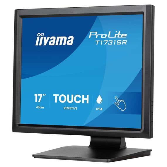 Upright angled view of iiyama T1731SR-B2S resistive touchscreen and stand