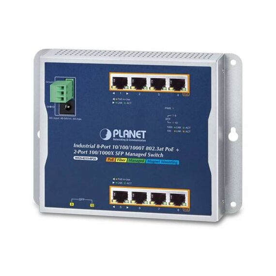 PLANET WGS-4215-8P2S flat wall-mount switch, eight Gigabit PoE+ ports, two SFP positions, DC jack and three-pin power terminal