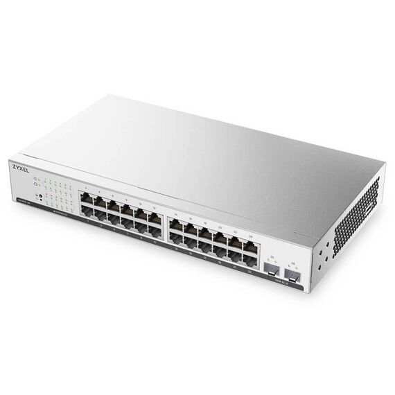 Zyxel GS1915-26 V2 official silver switch angled front, twenty-four non-PoE Gigabit RJ45 ports and two covered Gigabit SFP slots