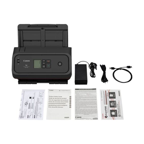 Canon imageFORMULA DR-C360 package view with AC adapter, power lead, USB Type-C cable and printed guides; regional warranty leaflets illustrative