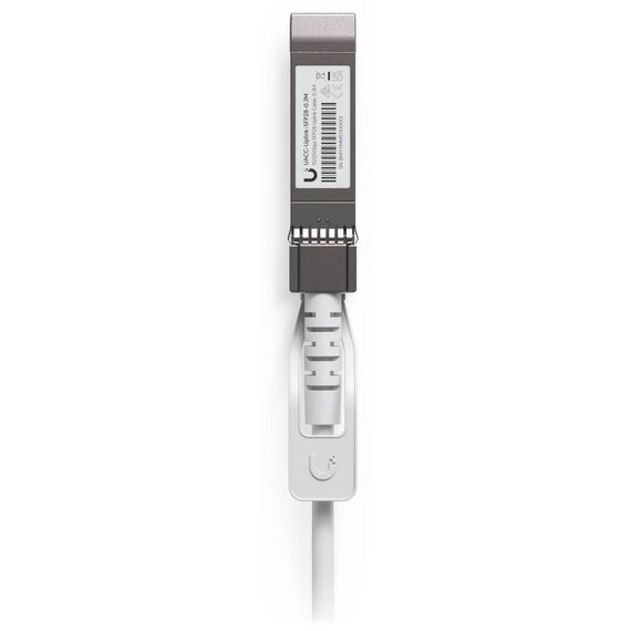 Top close-up of an integrated SFP28 plug on the Ubiquiti Uplink Cable 0.3 m
