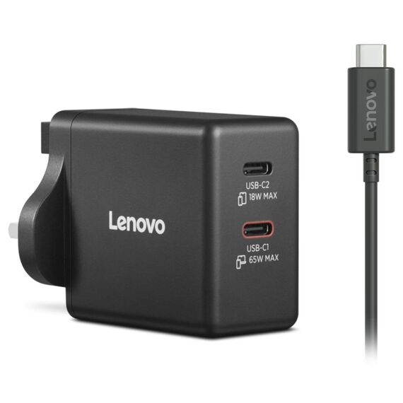 Lenovo Dual USB-C 65W GaN Charger Black UK Plug 40AW065BUK