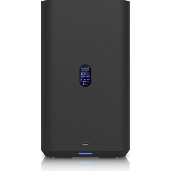 Ubiquiti UniFi UNAS 2 black appliance in an upright lifestyle view; laptop shown as a prop, not included