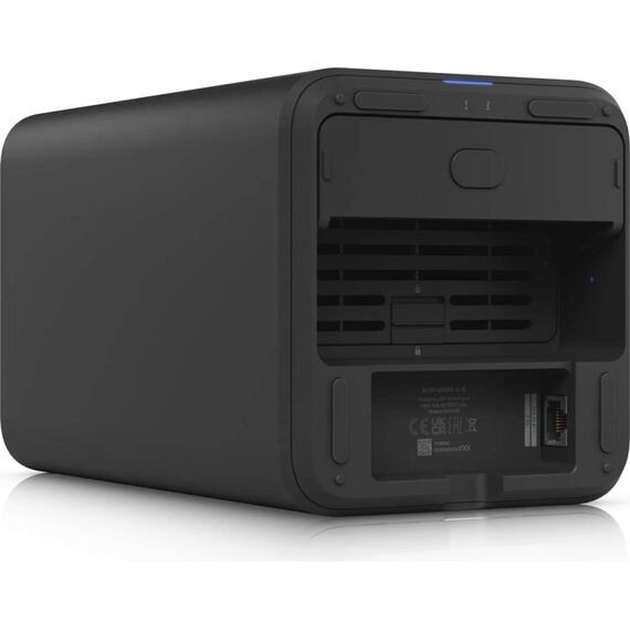 Ubiquiti UniFi UNAS 2 black appliance in an upright lifestyle view; laptop shown as a prop, not included