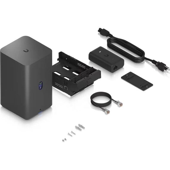 Ubiquiti UniFi UNAS 2 black appliance in an upright lifestyle view; laptop shown as a prop, not included