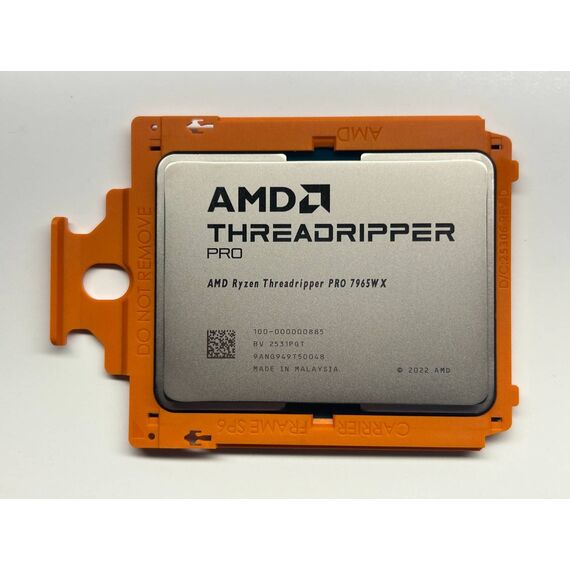 AMD Ryzen Threadripper PRO 7965WX tray processor, exact 100-000000885 engraving, retailer reference photo in orange carrier; individual markings may vary