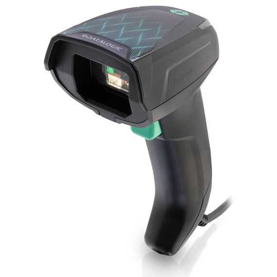 Datalogic Gryphon GD4620-BK-HD black wired scanner front-angle view, exact-SKU distributor image; pictured connection cable sold separately
