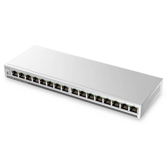 Zyxel GS1100-16EP official silver slim switch angled front with sixteen Gigabit PoE+ RJ45 ports, exact EP model
