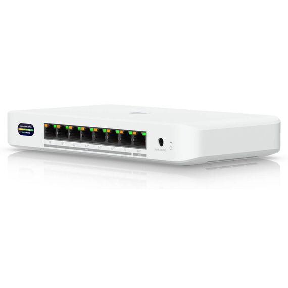 Ubiquiti UniFi UDB-Switch white eight-port multi-gigabit PoE+ switch with status display and DC input
