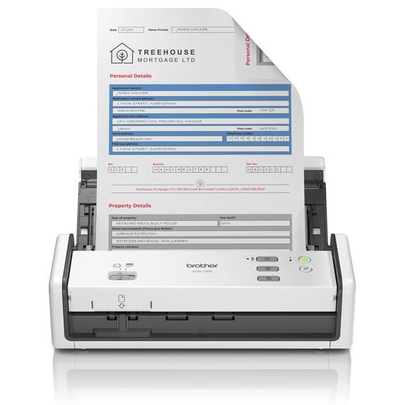 Brother ADS-1300 white portable document scanner front view with sample page in the ADF, official manufacturer image; document illustrative