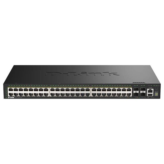 D-Link DGS-1530-52P PoE+ front view, 48 powered Gigabit ports and four SFP+ uplinks, for ordering SKU DGS-1530-52P/E