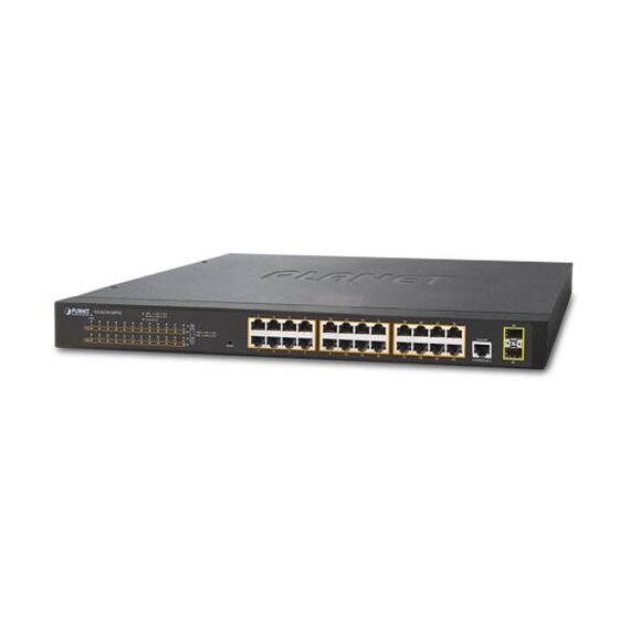 PLANET GS-4210-24P2S 300 W configuration, angled front with 24 Gigabit PoE+ ports, two SFP uplinks and serial console; official regional distributor photo