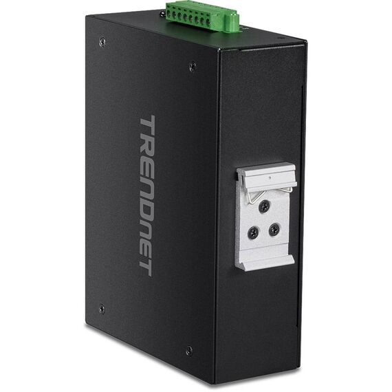 TRENDnet TI-WP100 industrial AC1200 router with four PoE+ LAN ports, Gigabit WAN, removable antennas and DIN rail bracket