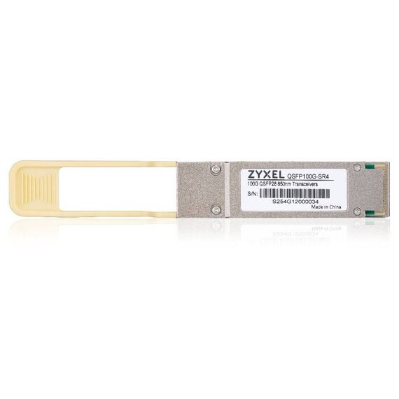 Zyxel QSFP100G-SR4 transceiver, top view with model and 100G QSFP28 850 nm label