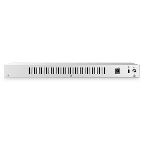 Zyxel GS1100-16EP official rear view showing ventilation, 54 V DC adapter inlet, security slot and ground point