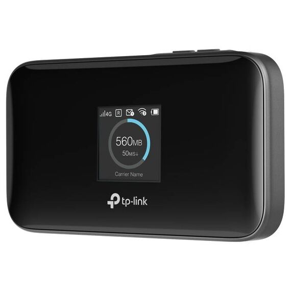 TP-Link M7750 mobile Wi-Fi router, front three-quarter view; screen figures are illustrative