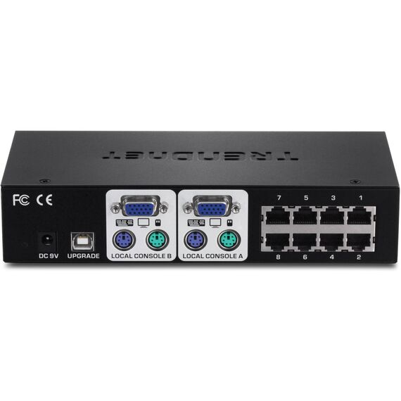 TRENDnet TK-CAT508 rear with eight dedicated CAT5 server links, two VGA and PS/2 consoles, firmware USB and 9 V input