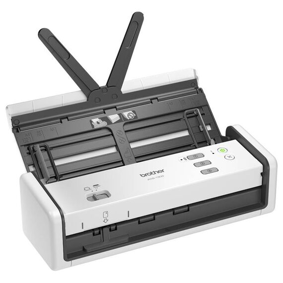 Brother ADS-1300 right angled front view showing the ID card slot and open document feeder, official manufacturer image