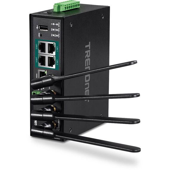 TRENDnet TI-WP100 industrial AC1200 router with four PoE+ LAN ports, Gigabit WAN, removable antennas and DIN rail bracket
