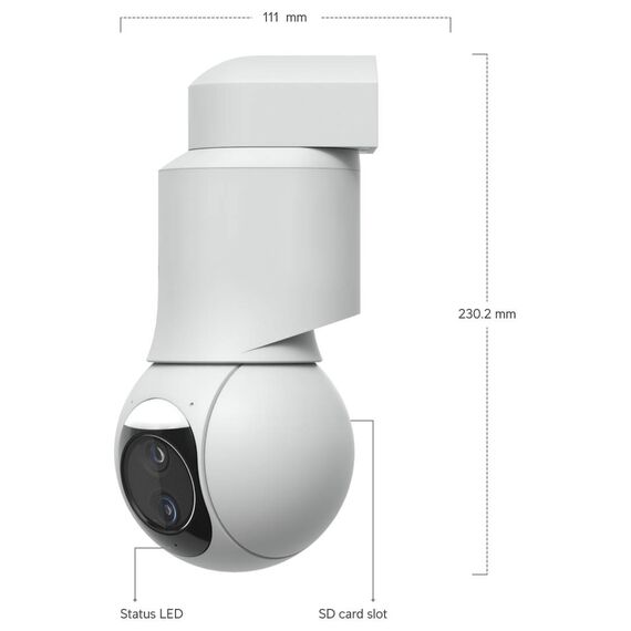 Ubiquiti G6 PTZ White camera side view with included arm mount and dimensions