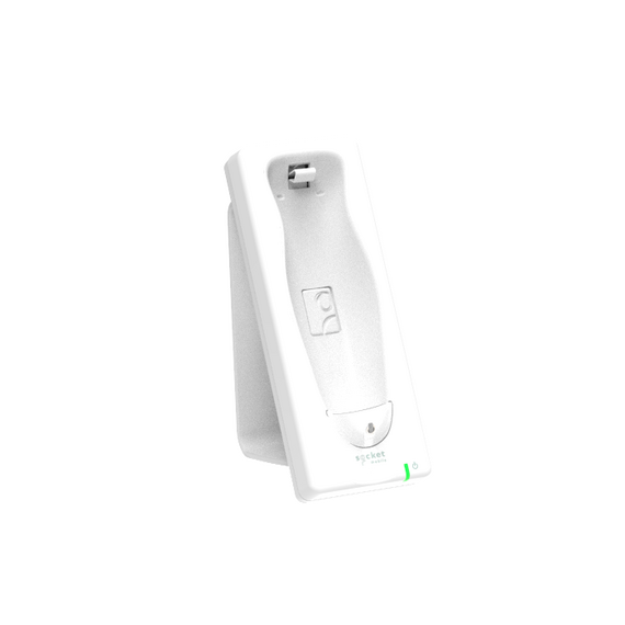 White and pale-green Socket Mobile DuraScan D745 healthcare scanner with charging cradle, separate reader and cradle views