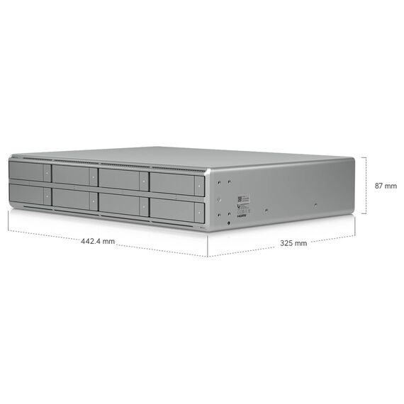 Ubiquiti UNVR-G2-Pro silver 2U recorder, angled front and top view with dimensions