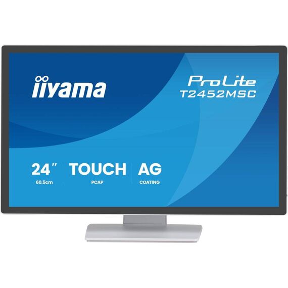 White iiyama ProLite T2452MSC-W1AG anti-glare PCAP touchscreen with tilting stand — front view