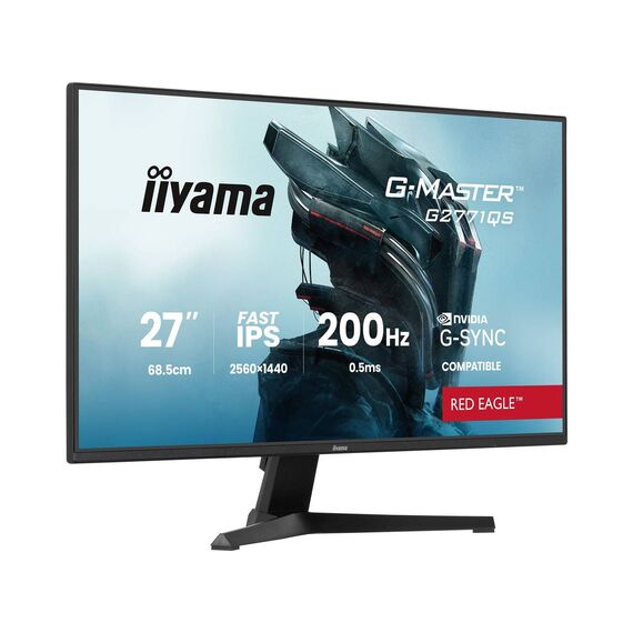Angled view of exact iiyama G2771QS-B1 Fast IPS QHD monitor and tilt-only stand