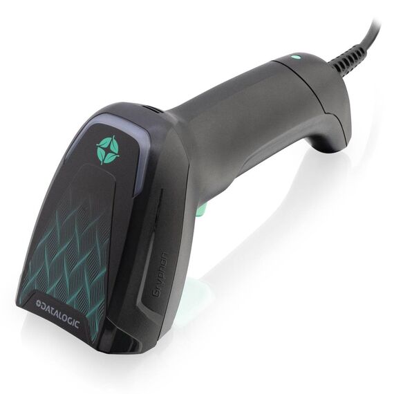 Datalogic Gryphon GD4690 black wired scanner rear-angle body view, exact-SKU BarcodeFactory distributor image; host cable and stand not included
