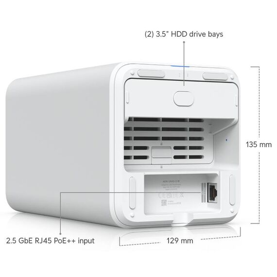 Underside/rear angle of the white Ubiquiti UNAS-2-W showing two drive bays and 2.5GbE PoE++ port