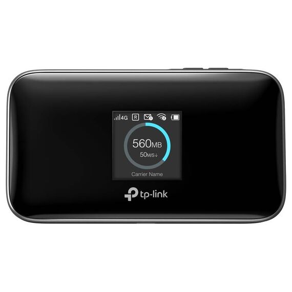 TP-Link M7750 mobile Wi-Fi router, front view; screen figures are illustrative