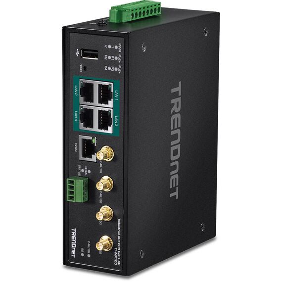 TRENDnet TI-WP100 industrial AC1200 router with four PoE+ LAN ports, Gigabit WAN, removable antennas and DIN rail bracket