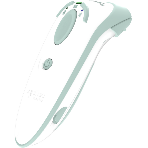 White and pale-green Socket Mobile DuraScan D745 healthcare scanner with charging cradle, separate reader and cradle views