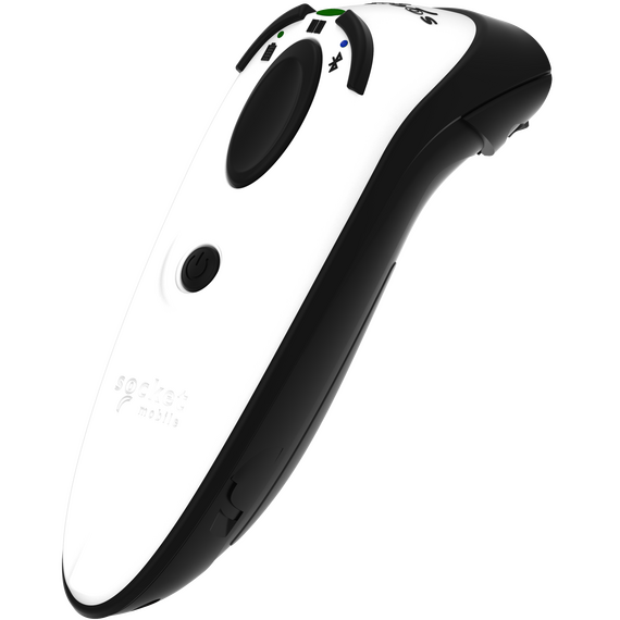 White Socket Mobile DuraScan D720 barcode scanner with included white charging dock, plus separate reader angle and top views