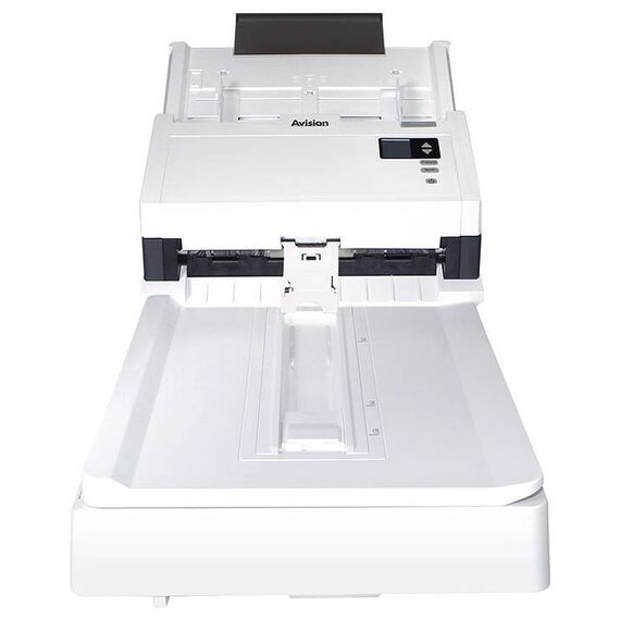 Avision AD345GFN manufacturer-provided family image, front view of white feeder, physical controls and flatbed base